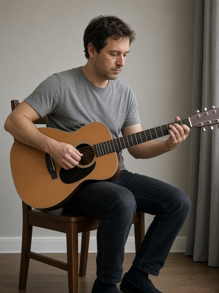 Người ngồi ghế gỗ, hai chân xuống sàn, thân đàn acoustic trên đùi phải, cổ đàn chếch lên về phía vai trái.