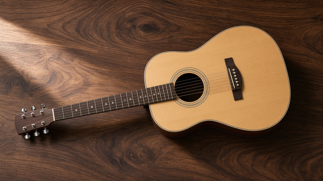 Đàn guitar acoustic sáu dây nằm trên mặt gỗ, đầu đàn bên trái, thân đàn bên phải.