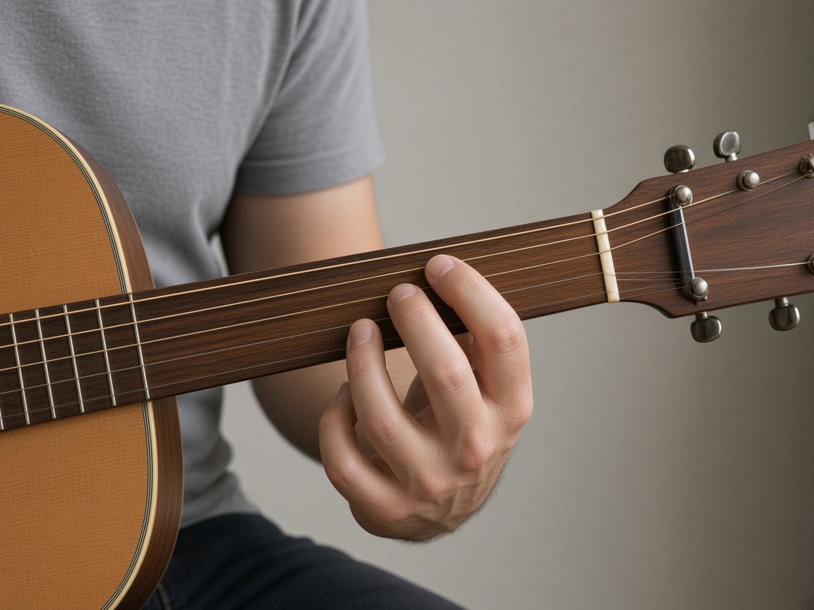 Tay trái trên cần đàn, ngón cái nằm sau cần, các ngón cong, lòng bàn tay cách cần một khe.