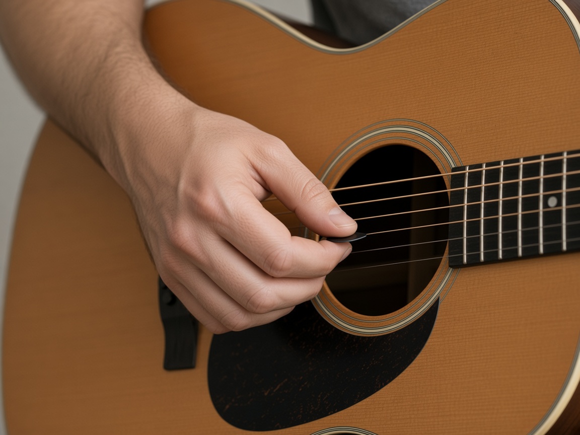 Tay phải cầm pick ngay trên lỗ thoát âm, cẳng tay nằm trên thân đàn, ba ngón còn lại cong lỏng.